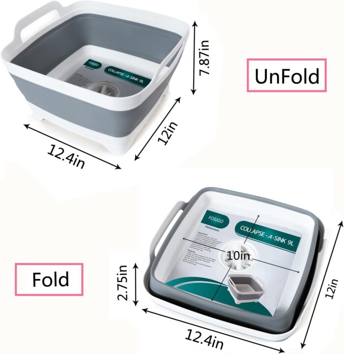 2.4 Gal(9L) Collapsible Dish Basin with Drain Plug,Space Saving Multiuse Foldable Sink Tub,Dishpan,Kitchen Sink for Camping,Plastic Tub,Vegetable Washing,Beverage Tubs - Image 3