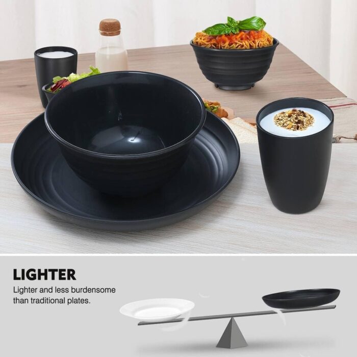 12pcs Plastic Wheat Straw Dinnerware Sets, Wheat Straw Plates and Bowls Sets for 4 College Dorm Room Essentials Microwave Dishwasher Safe (Black) - Image 3