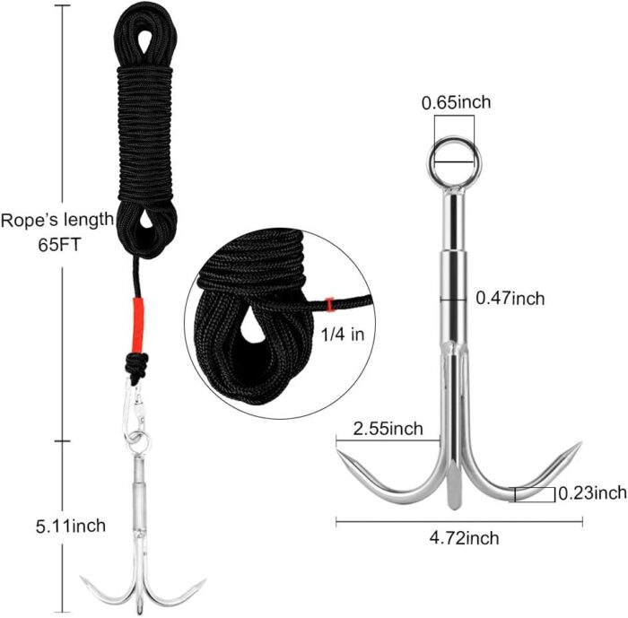 Grappling Hook with 3-Claw Stainless Steel,3 Claw Climbing Carabiner Hook for Retrieving,Outdoor Hiking,Tree Limb Removalr,Salvage. - Image 2