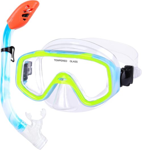 Kids Snorkel Set, Children Anti-Fog Diving Mask Swimming Goggles Dry Top Snorkel Equipment Snorkeling Packages Swimming Gear for Youth Boys Girls Age 5-10