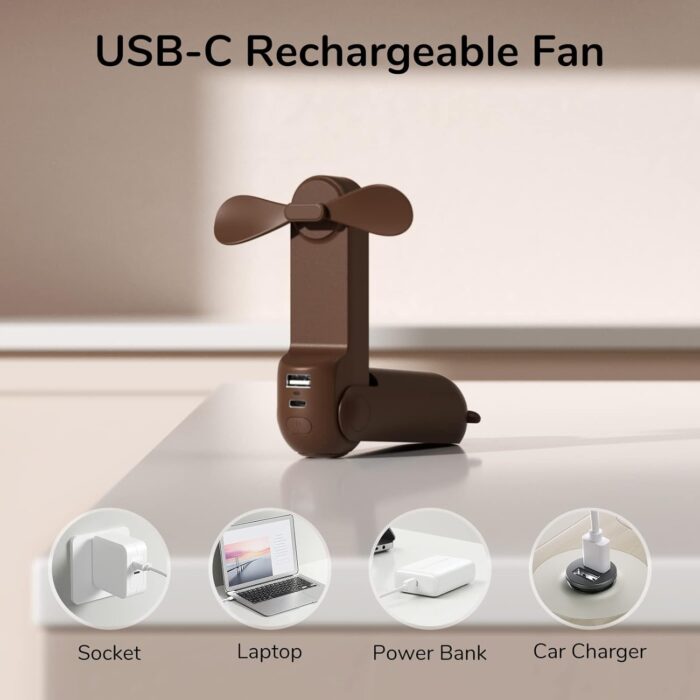 JISULIFE Handheld Mini Fan, 3 IN 1 USB Rechargeable Portable Fan [12-19 Working Hours] with Power Bank, Flashlight, Pocket Design for Travel/Summer/Concerts/Lash, Gifts for Women (Brown) - Image 5