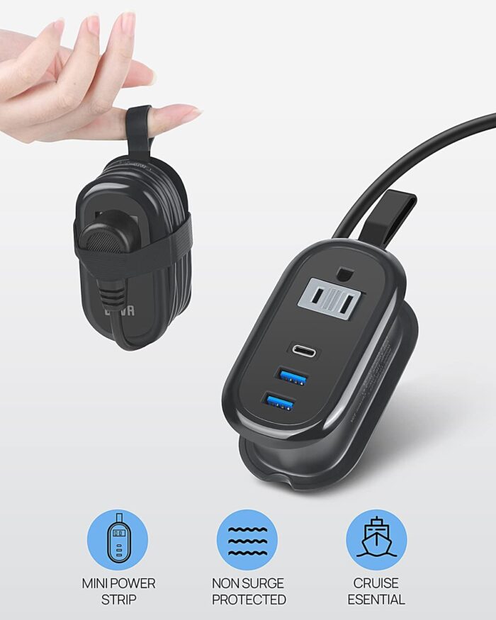 BEVA Travel Power Strip with USB C Ports, 4FT Extension Cord, 2 Outlets, 3 USB Ports, Cruise Ship Essentials (3.4A Charge, Black) - Image 5