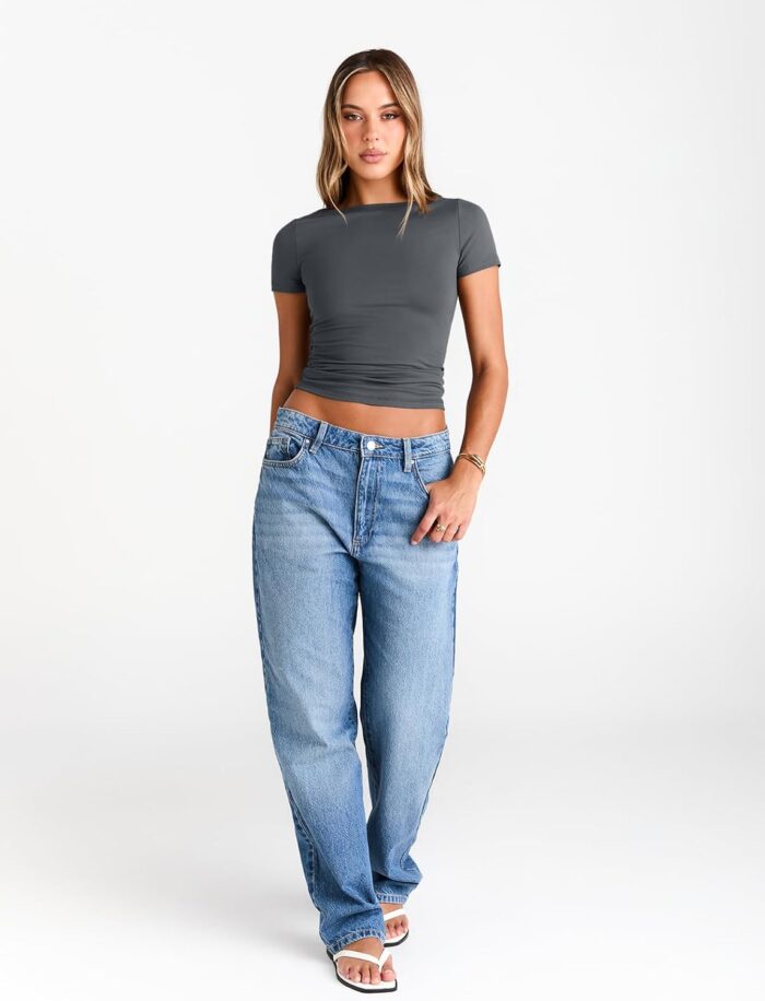 Trendy Queen Womens Boat Neck Tops Short Sleeve T-Shirts Slim Fitted Compression Summer Y2k Basic Clothes 2025 - Image 5