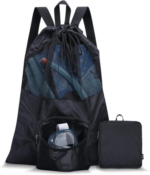 Packable Swim Bag, Mesh Swim Drawstring Backpack with 35L Upgraded Capacity & Vented Design, Lightweight Swimmers Mesh Bag for Swimming Gear Snorkeling Equipment (Black)