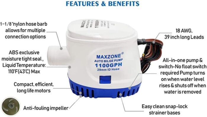 Submersible Boat Bilge Water Pump 12v 1100gph Automatic Marine Bilge Pump for Ponds, Pools, Spas Silent, Boat Caravan RV Submersible - Image 2