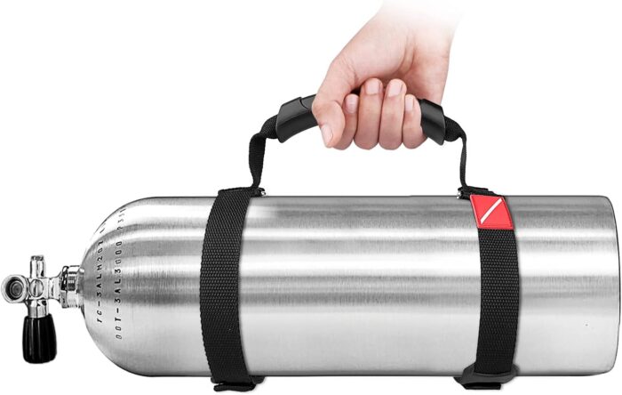 Scuba Diving Tank Carrier, Heavy-Duty Webbing 316 Stainless Steel Adjustable Tank Holder Air Cylinder Carrier Strap with Ergonomic Handle, Non-Slip Pad, and Dive Flag Design Black
