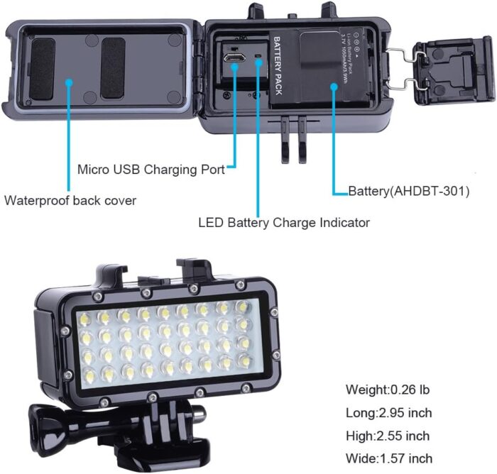 Suptig Diving Light High Power Dimmable Waterproof LED Video Light Fill Night Light Diving Underwater Light Waterproof 147ft for Gopro Hero 13/Hero 12/11/10/9/8/7/6/5/5S/4/3+ More Action Cam - Image 4