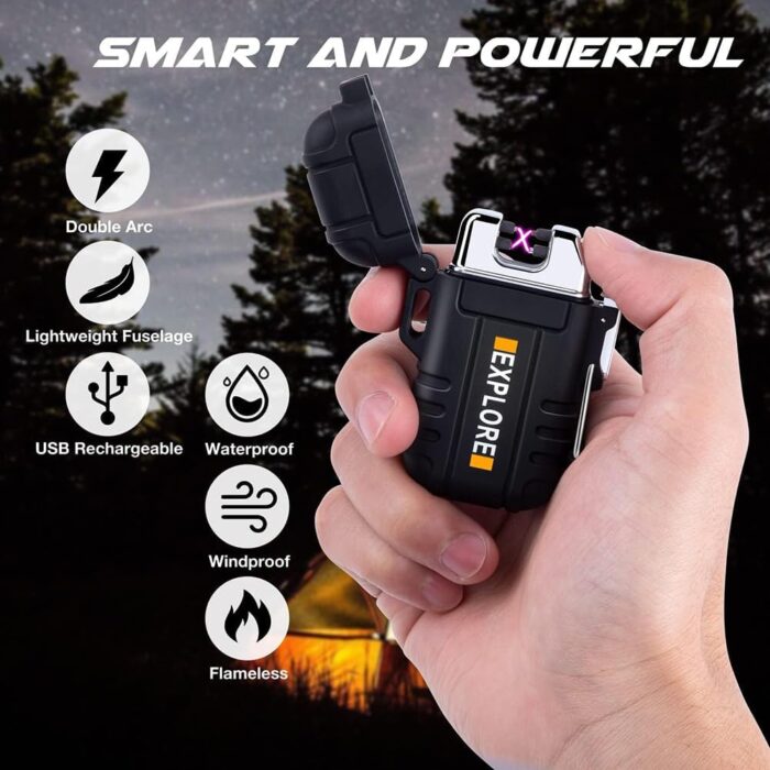 LcFun Waterproof Electric Lighter Windproof Dual Arc USB Rechargeable Flameless Plasma Lighters for Camping Hiking Survival Tactical Gear Gifts for Men Fathers Husband - Image 3