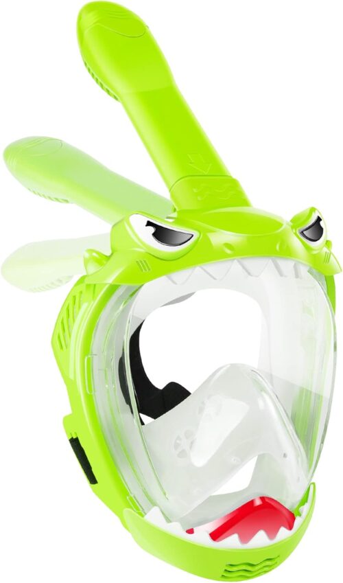 Full Face Snorkel Mask for Kids, Kids Snorkeling Set 180 Degree Panoramic View, Safe Anti-Leak Anti-Fog, Foldable Dry Top Snorkeling Gear for Kids Adult