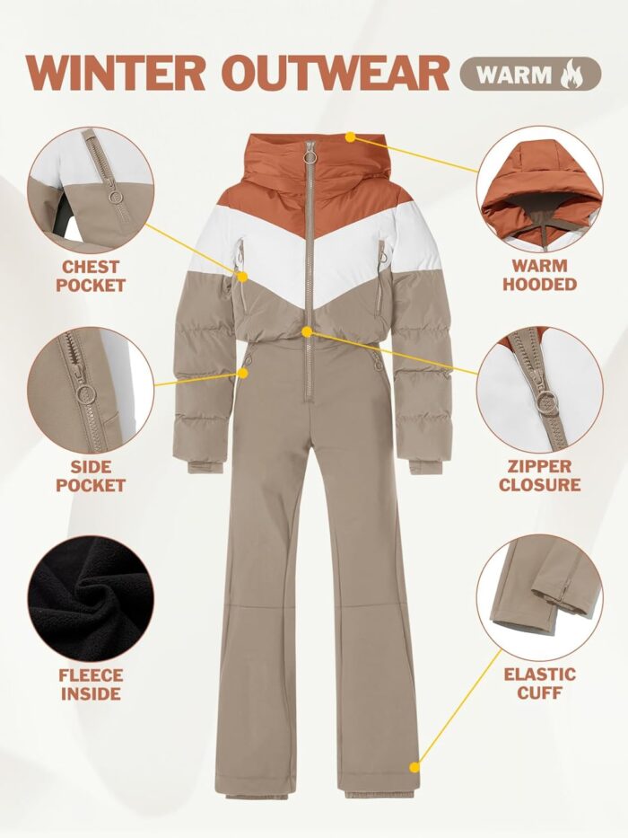 Fisoew Womens One Piece Ski Suit Warm Waterproof Snowsuits Winter Snow Jumpsuits Outdoor Sports Outerwear - Image 5