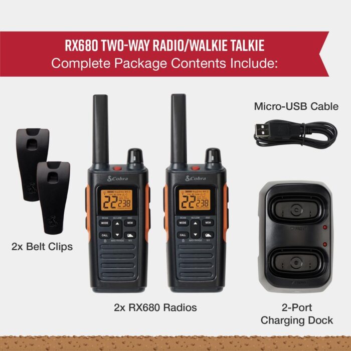 Cobra RX680 Waterproof Walkie Talkies - Rechargeable, 60 Preset Channels, Long Range 38-Mile Two-Way Radio Set (2-Pack),Black and Orange - Image 7