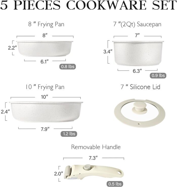GiPP 5Pcs Pots and Pans Set Non Stick, Cookware Sets Nonstick Detachable Handle, Induction Kitchen Set Removable Handle, RV Cookware set, Oven Safe - Image 6