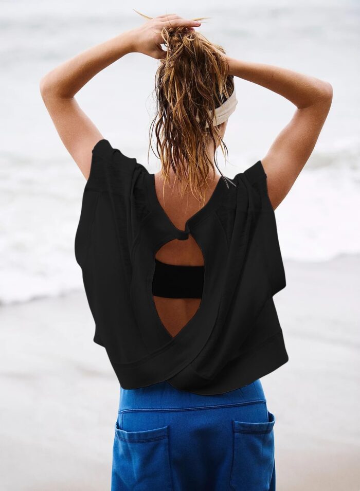 Women Short Sleeve Workout Shirts Open Back Tops Casual Yoga Y2k Athletic Gym Slouchy Crop Running Tees - Image 5