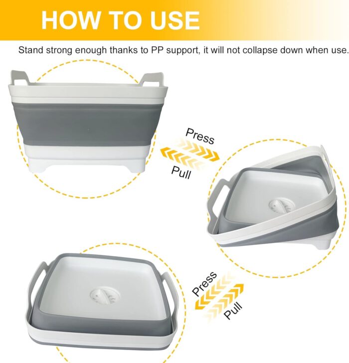 Collapsible Wash Basin with Drain Plug – 2.4 Gallon Portable Sink Tub for Baby Bottles, Dishwashing, RV & Camping | Space Saving Foldable Design | BPA-Free TPR/PP Material (Grey) - Image 4