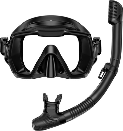 Snorkel Set Adults Snorkeling Gear Anti-Leak and Anti-Fog Tempered Glass Lens Panoramic View Swim Mask Dry Top Snorkel Kit for Snorkeling Scuba Diving Swimming Travel with Carry Bag