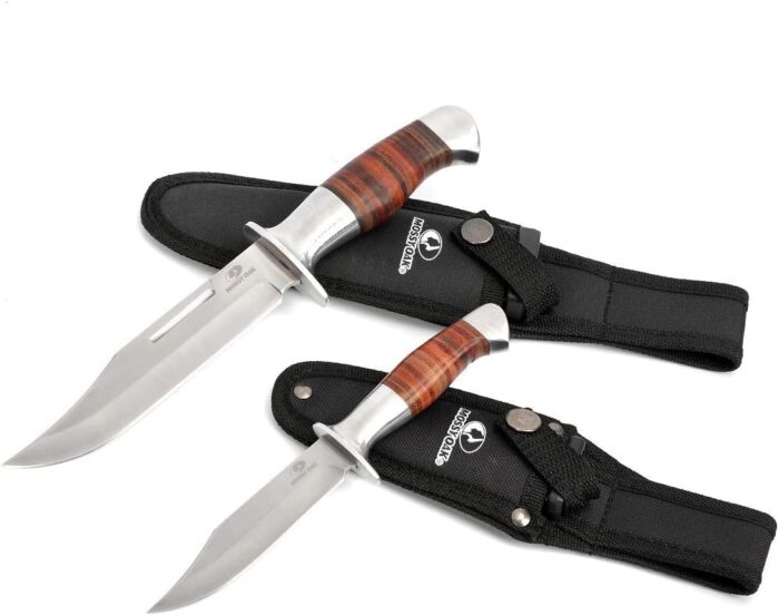 MOSSY OAK Fixed Blade Bowie Knife, 2-piece Hunting Knife with Leather Handle Featuring Laser Pattern, Sheath Included