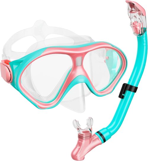 Kids Snorkel Set, Dry Top Snorkeling Gear Kids Swimming Goggles, Anti-Fog Tempered Glass Snorkel Mask with Foldable Breathing Tube, 180 Degree Full View Anti-Leak Diving Mask for Age 6-14, Unisex
