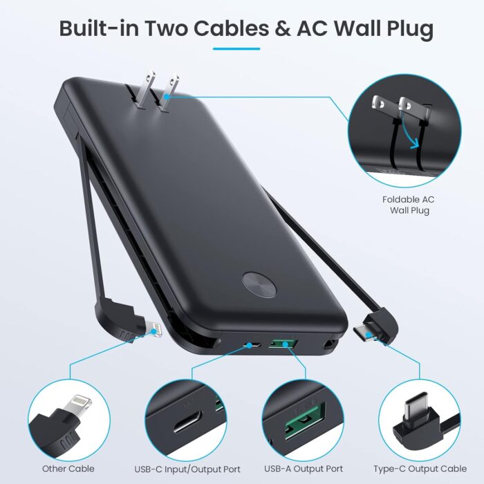 Portable Charger with Built-in Cables & AC Wall Plug,Upgraded 13800mAh USB-C Power Bank, 4 Output LCD Display External Battery Pack Phone Charger Compatible with iPhone 16/15/14/13 Samsung Android etc - Image 2