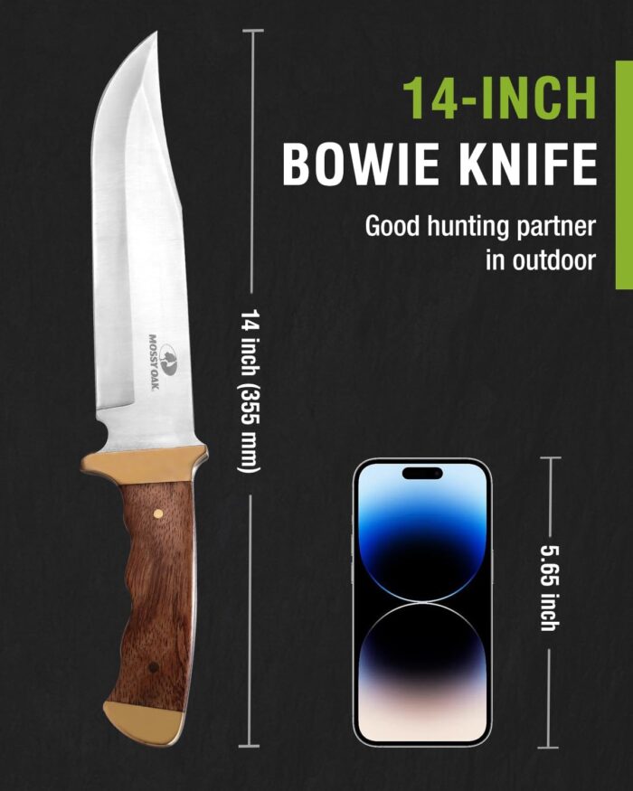 Mossy Oak 14-inch Bowie Knife, Full-tang Fixed Blade, Wood Handle Hunting Knife with Leather Sheath for Camping, Hiking, Survival - Image 3