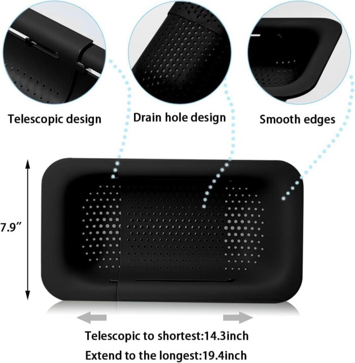 Collapsible Sink Colanders and Strainers Basket Extendable Plastic Fruit Vegetable Strainer Drainer Basket for Kitchen (Length 13.6 inch-18.7 inch) (Black Set of 2) - Image 4
