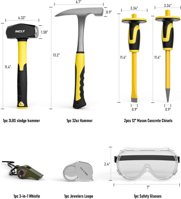 INCLY 7 Pcs Geology Rock Pick Equipment Kit, 3lb Sledge &32 oz Rock Hammer with 2PCS 12" Mason Concrete Chisel.Safety Glasses, Jewelers loupe, Tool Set for Hounding, GoldMining, Stone Breaking - Image 2
