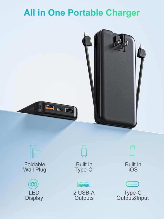 Portable Charger, 12000mAh 22.5W Type C Fast Charging Power Bank with Built-in Cables & Wall Plug, External Battery Bank with LED Display, Travel Essential Battery Pack for iPhone, iPad, Samsung Black - Image 7