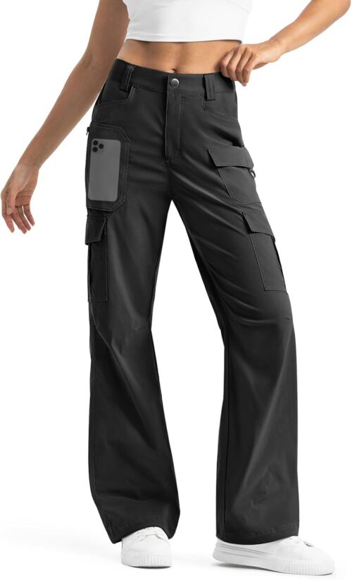 Moosehill Women's-Cargo-Hiking-Pants-High-Waisted Wide Leg Water Resistance Lightweight Stretch for Work Casual Outdoor