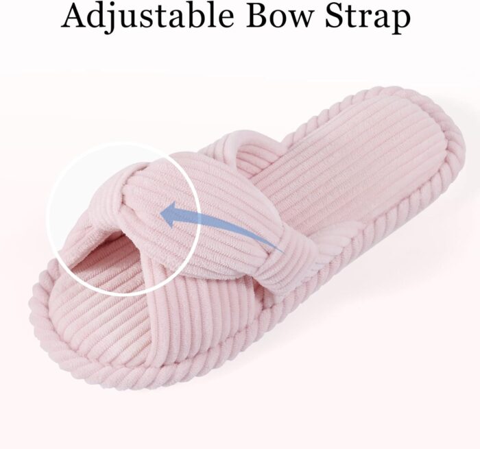 Evshine Summer House Slippers for Women Corduroy Cross Bow Indoor Slippers Open Toe Slip On Bedroom Shoes with Memory Foam - Image 3