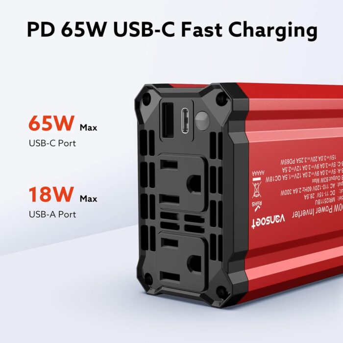 300W Car Power Inverter - Fast Charging PD 65W USB-C & QC3.0 Ports - 12V DC to 110V AC Converter for Vehicles with Multi-Protection - Image 2