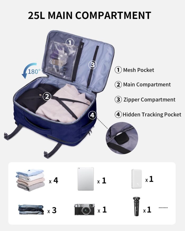 ECOHUB 17" Small Travel Backpack, United Airlines Personal Item Bag 17x10x9 with 16 Pockets, Water Resistant Rucksacks Fit 15.6" Laptop, AirTag Pocket, Lightweight Casual Daypack, 25L, Blue - Image 3