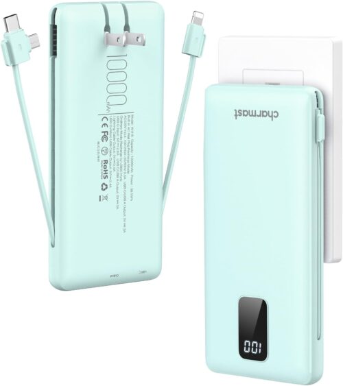 Charmast Portable Charger with Built-in Cables and Plug, 10000mAh USB C Power Bank Fast Charging 15W, External Battery Pack Slim, Travel Essentials Compatible with 16 15 14 13, Samsung Galaxy, iPad