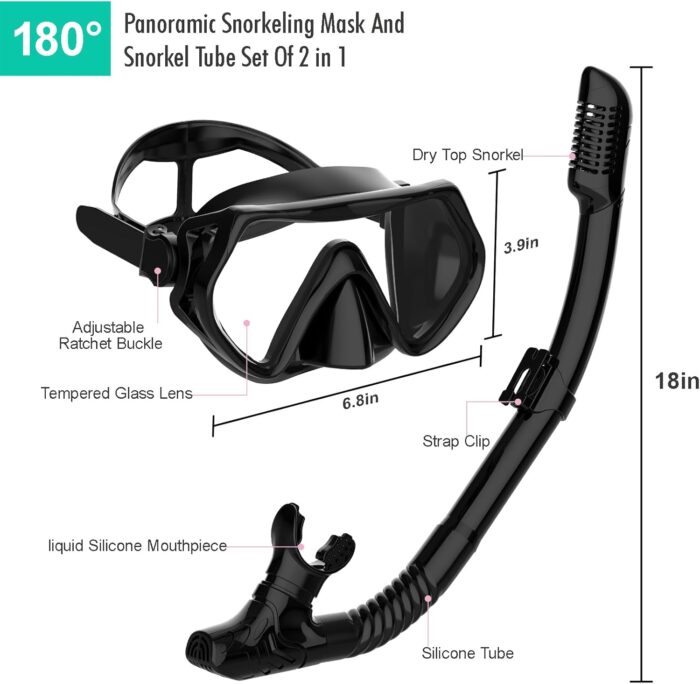 Snorkeling Gear for Adults, JRing Snorkel Mask Set with 180 Degree Tempered Glass Anti Fog Goggles Scuba Dry Top Snorkel for Swimming, Scuba Diving Mask for Men Women - Image 5