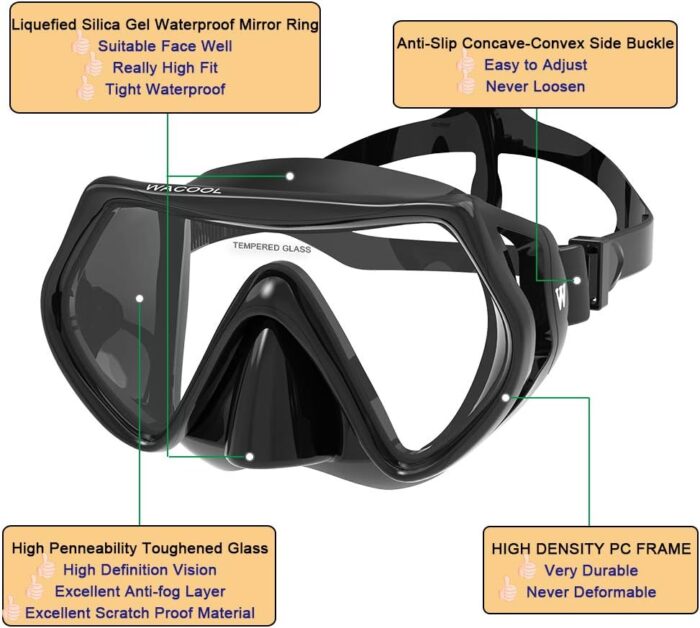 WACOOL Professional Snorkeling Snorkel Diving Scuba Package Set with Anti-Fog Coated Glass Purge Valve and Anti-Splash Silicon Mouth Piece for Men Women (Adults,Black) - Image 4