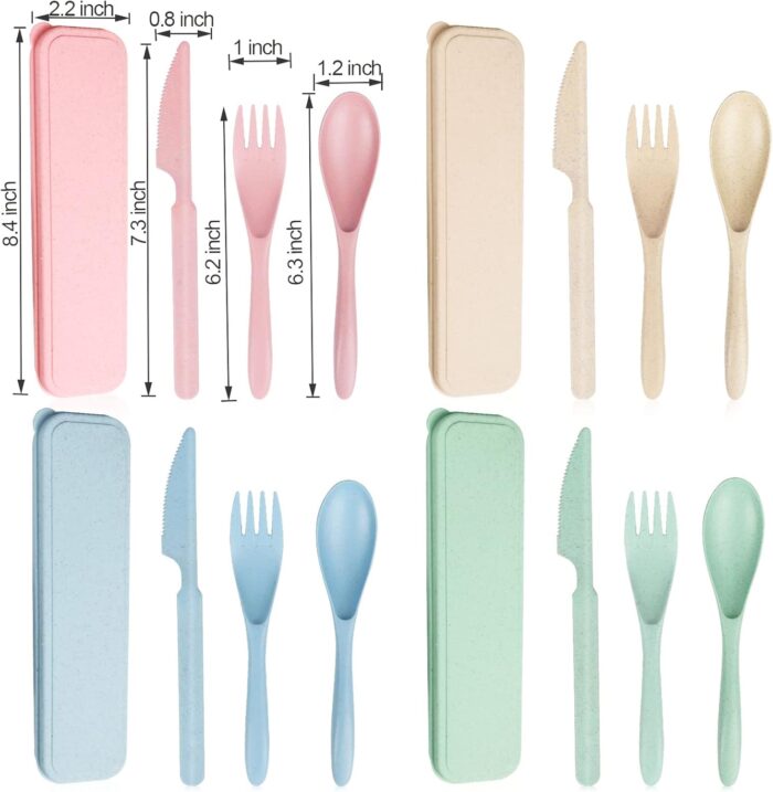 Reusable Travel Utensils Set with Case, 4 Sets Wheat Straw Portable Knife Fork Spoons Tableware, Eco-Friendly BPA Free Cutlery for Kids Adults Picnic Camping Utensils(Green, Beige, Pink, Blue) - Image 7