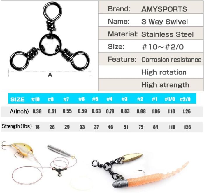 AMYSPORTS Fishing Connector Fish Swivels Tackle 3 Way Fishing Swivel Saltwater Freshwater Fishing Tackle Accessories Crossline Trolling Line Lure Connector - Image 2