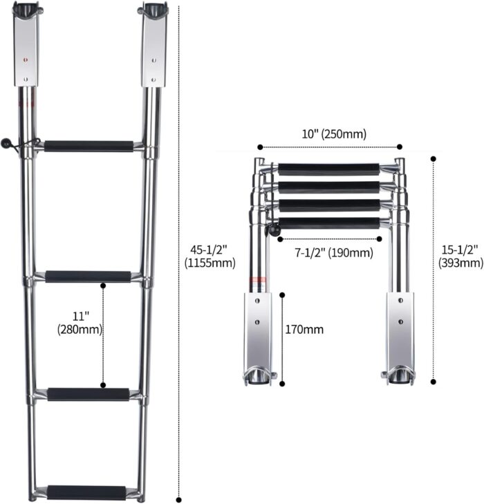 4 Step Boat Ladder, Stainless Steel Telescopic 4 Step Pontoon Boat Ladder, Extendable Dock Ladder for a Pontoon, Max. Load 900 Pound Capacity Marine Telescoping Ladder for Boat Yacht - Image 2