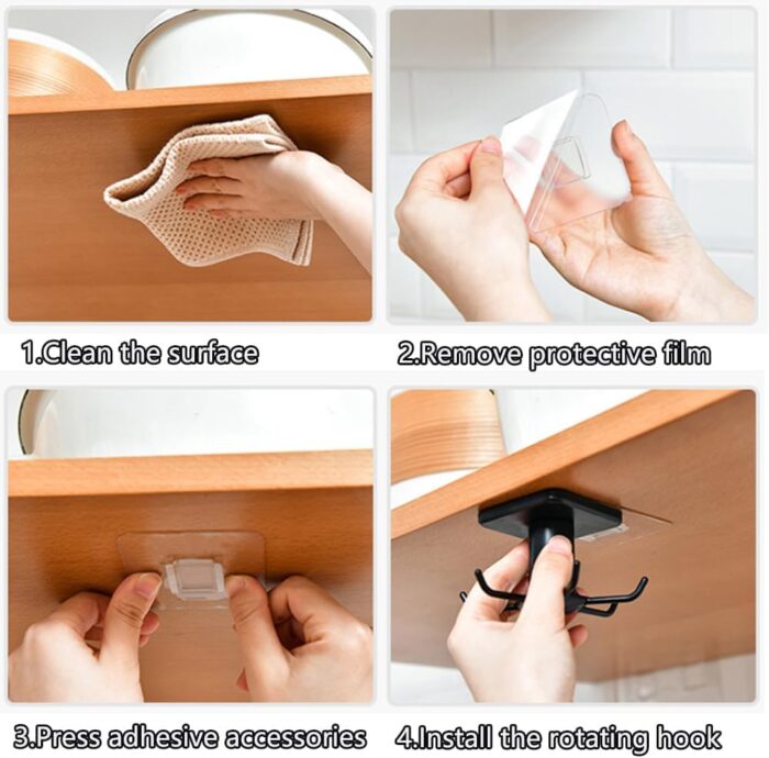2pcs 360 °Rotation Utility Hooks,Under Cabinet Kitchen Hooks,Nail Free Adhesive Kitchen Utensils Hanging Hooks for Kitchen Utensils/Tools/Towel/Knife(Black) - Image 7