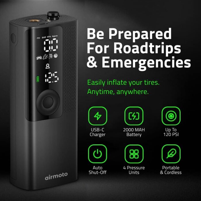 Airmoto Tire Inflator Portable Air Compressor - Air Pump For Car Tires with Digital Pressure Gauge, LED Light and Auto Shut-Off Function - Cordless Pump for Car, Motorcycle, Bicycle, Balls and More - Image 3