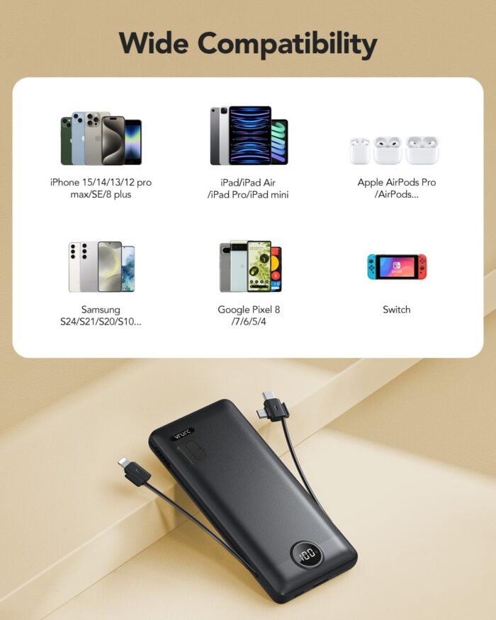 VRURC Portable Charger Built-in Cables and AC Wall Plug, USB C Power Bank 10000mAh, Travel Essentials Phone Charger Compact Lightweight External Battery Pack for Smart Phones, Tablets-Pure Black - Image 7
