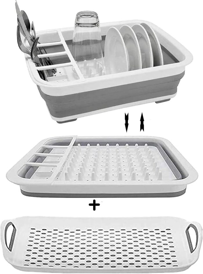 camper must haves dish drying rack Collapsible Dish Drying Rack Portable Dinnerware Drainer Organizer for Kitchen RV Campers Travel Trailers Space Saving Kitchen Storage Rack Tray (with Drainboard) - Image 9
