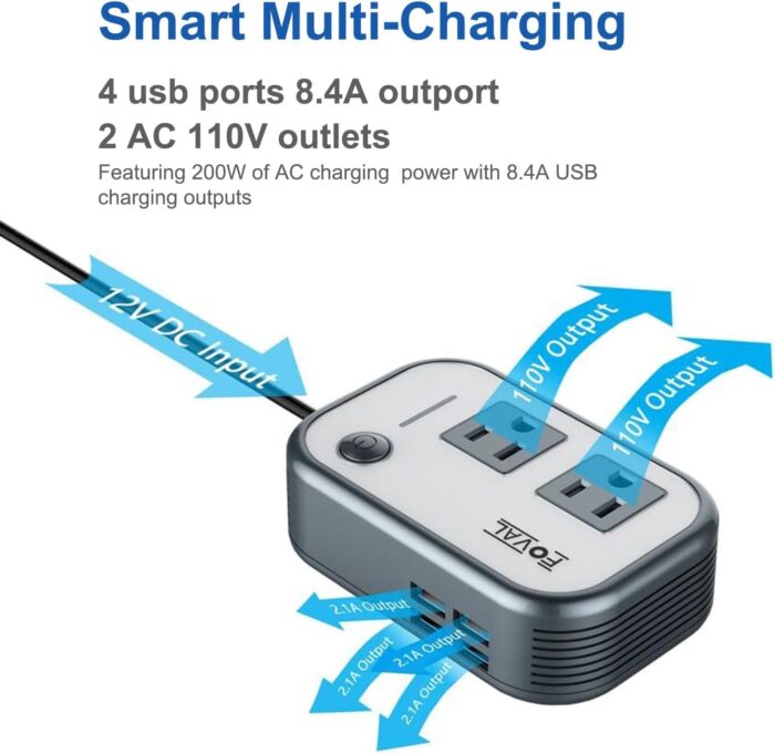 200W Car Power Inverter, FOVAL 12V DC to 110V AC Car Inverte with 4 USB Ports Car Outlet Adapter, Power Inverter for Vehicles, Car Plug Adapter Outlet for Laptop Computer Charger - Image 4