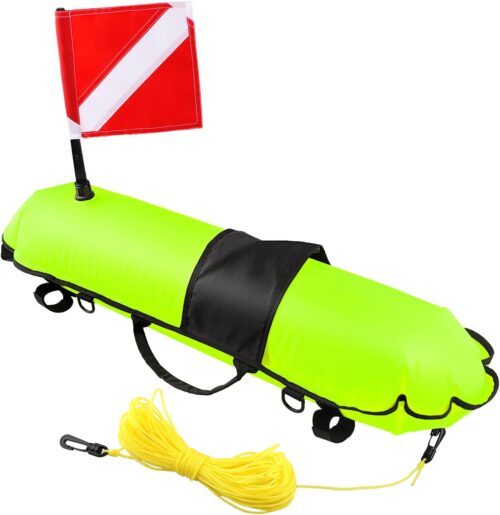 Spearfishing Buoy, Hi-Visibility Inflatable Torpedo Buoy Float Signal Floater Ball with Dive Safety Flag and 82ft Ropes for Scuba Diving, Freediving, Snorkeling, Swimming