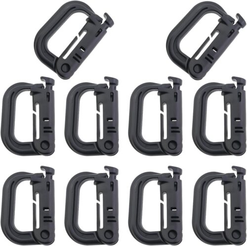 10PCS Tactical D Ring Lock Buckles Press Activated High Strength Plastic Hook Fasteners with Locking Device and Zippered Pouch Mountaineering Hook Buckles for Camping and Hiking Backpacks