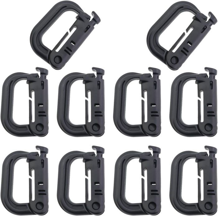 10PCS Tactical D Ring Lock Buckles Press Activated High Strength Plastic Hook Fasteners with Locking Device and Zippered Pouch Mountaineering Hook Buckles for Camping and Hiking Backpacks