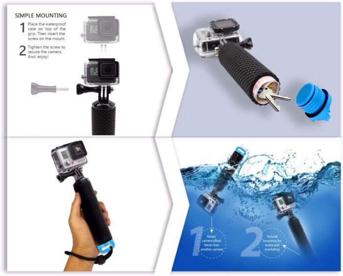 Floating Hand Grip Waterproof Monopod for GoPro Hero 13 12 11 10 9 8 7 6 5 4 3+ 2 1 Session Black Silver Handler & Handle Mount Accessories Kit for Water Sport and Action Cameras (Blue) - Image 6