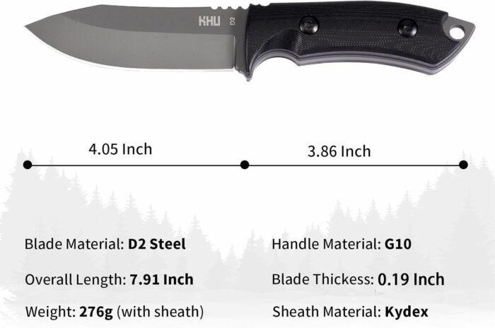 KHU Fixed Blade Knife Tactical, Hunting Knife Survival D2 Steel G10 Handle, Outdoor Hunting Camping Accessories Camping Gear With Kydex Sheath - Image 2