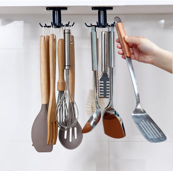 2pcs 360 °Rotation Utility Hooks,Under Cabinet Kitchen Hooks,Nail Free Adhesive Kitchen Utensils Hanging Hooks for Kitchen Utensils/Tools/Towel/Knife(Black)