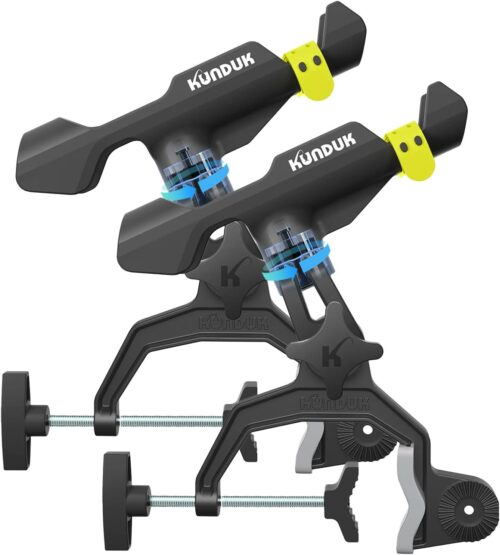 Upgraded Fishing Rod Holder with Button-Lock 360° Dual Rotation, Universal Silicone Strap & Enlarged V-Clamp – Fits Round/Square Tubes, Secure Adjustable Boat Fishing Gear for All Rod Sizes