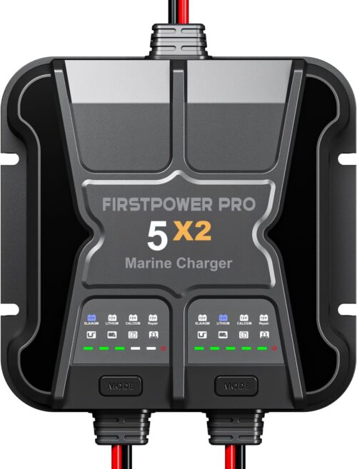 2 Bank Marine Battery Charger 5X2, 10A (5A/Bank) - 12V Waterproof Onboard Battery Charger, Battery Maintainer & Desulfator for SLA/AGM, Lithium (LiFePO4), Calcium & Deep-Cycle Battery- Charged 24/7