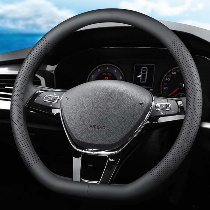XHRING D-Shaped Car Steering Wheel Cover for Volkswagen VW Atlas Tiguan ID.4 Taos Passat Golf Jetta Beetle Polo GTI CC Touareg SE SEL R-line S Cross Sport Accessories, 2025 Leather Black - Image 2
